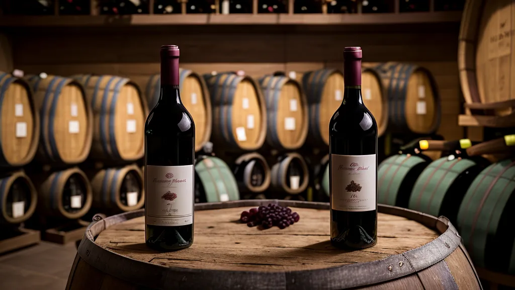 Botella de vino reserva sobre una barrica de roble en una cava oscura