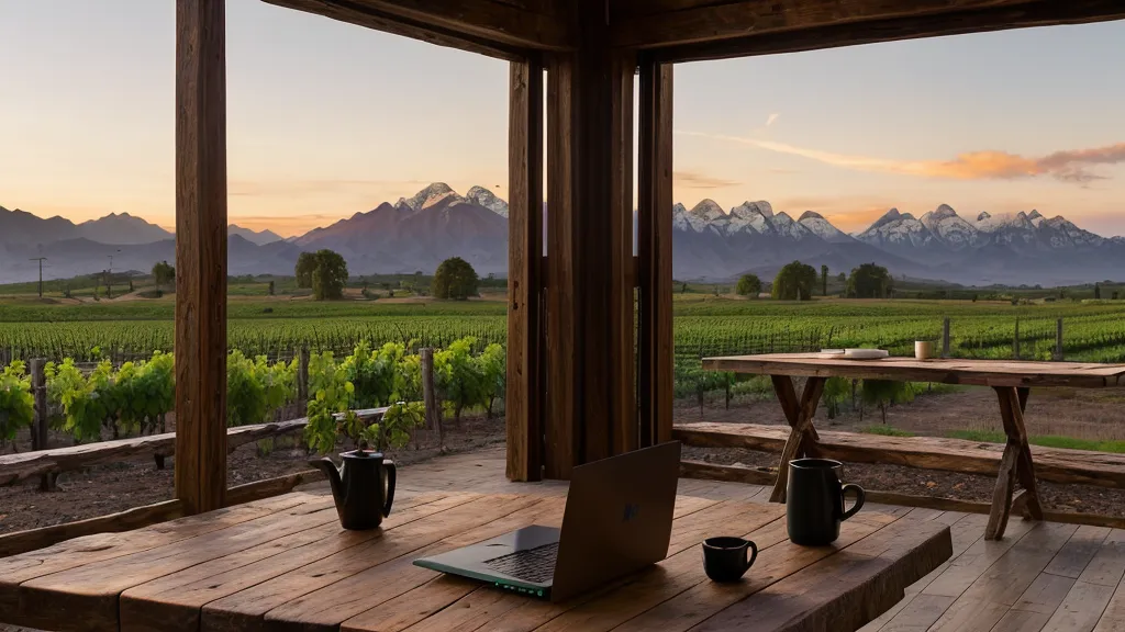 Laptop abierta con curso online frente a viñedos mendocinos al atardecer