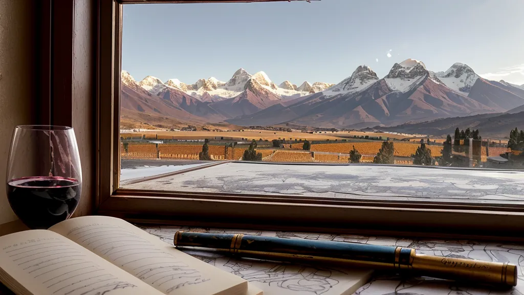 Cuaderno de notas con manchas de vino y vista a la montaña al atardecer.
