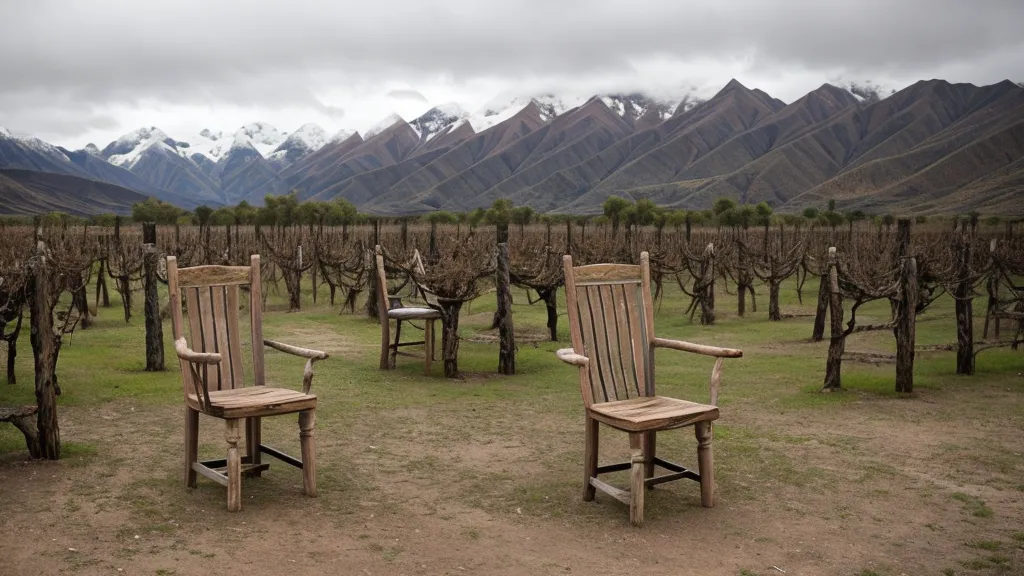 Viñedos mendocinos con las montañas de fondo y una silla solitaria.