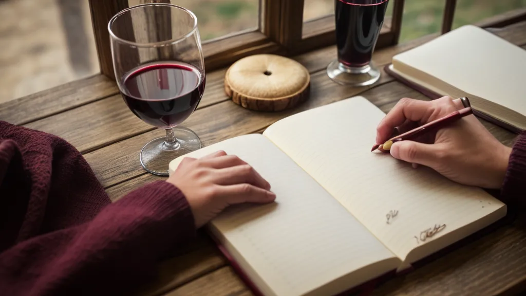 Primer plano de una mano tomando apuntes de un curso junto a una copa de vino.