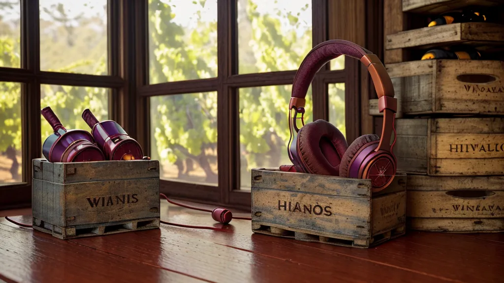 Auriculares sobre cajas de vino en una bodega, simbolizando el estudio durante el trabajo