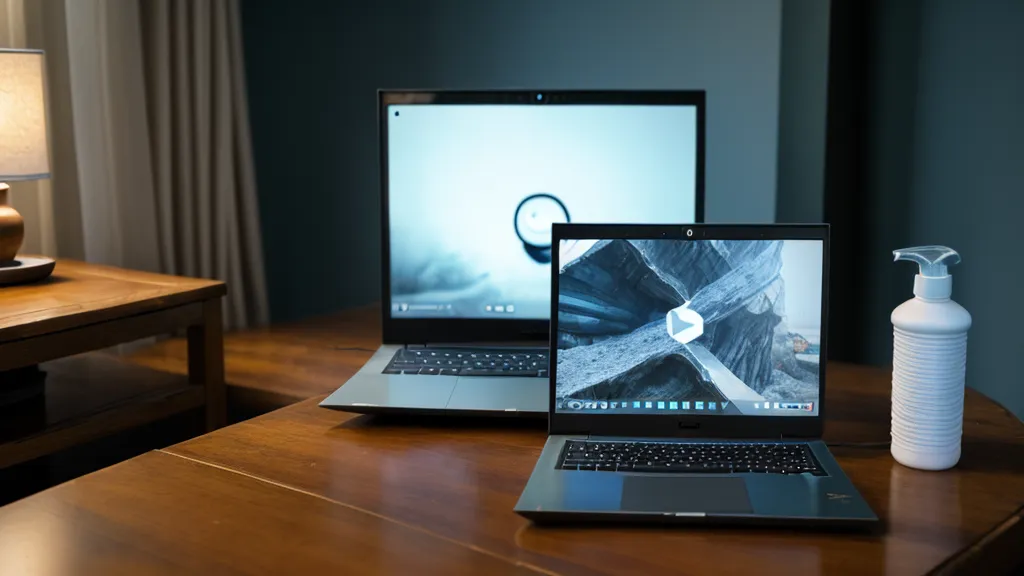 Laptop con curso online junto a elementos de trabajo de limpieza de hotel