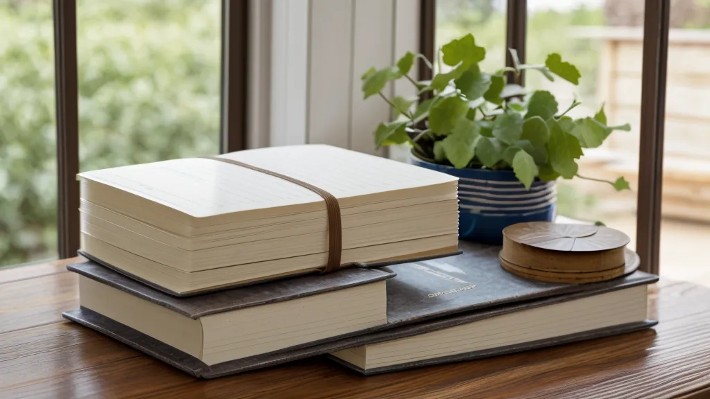 Materiales de estudio y agenda sobre una mesa con vista a viñedos