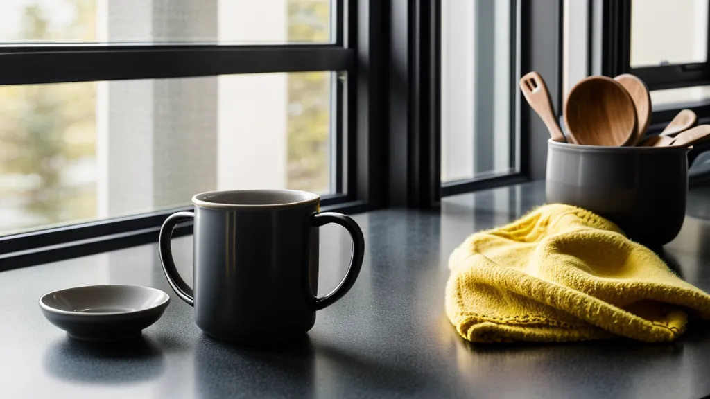 Hojas de trabajo impresas y taza de café en una mesa de cocina