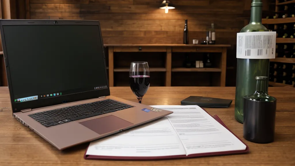 Computadora mostrando el currículum de Universo Femenino junto a una copa de vino.