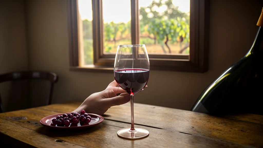 Primer plano de una mano sosteniendo una copa de vino tinto frente a una ventana soleada.