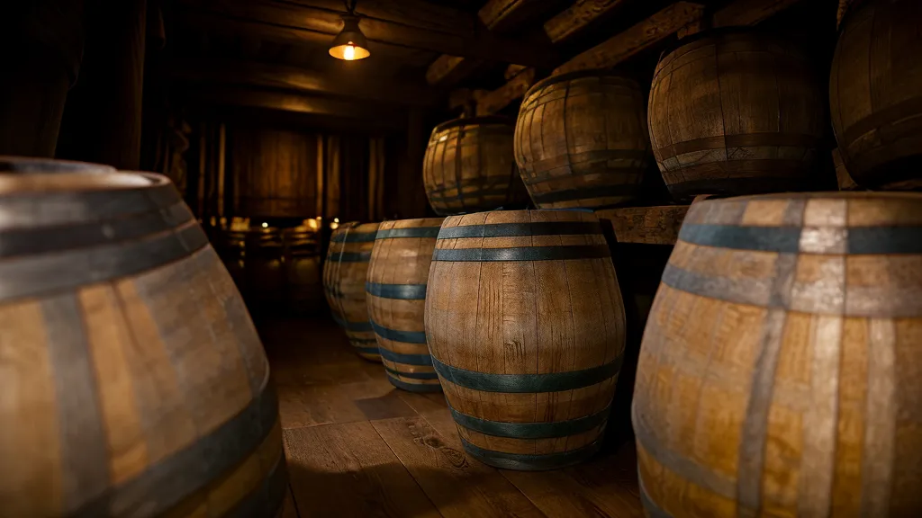 Hileras de barriles de roble en una bodega oscura simbolizando el proceso de maduración lenta.